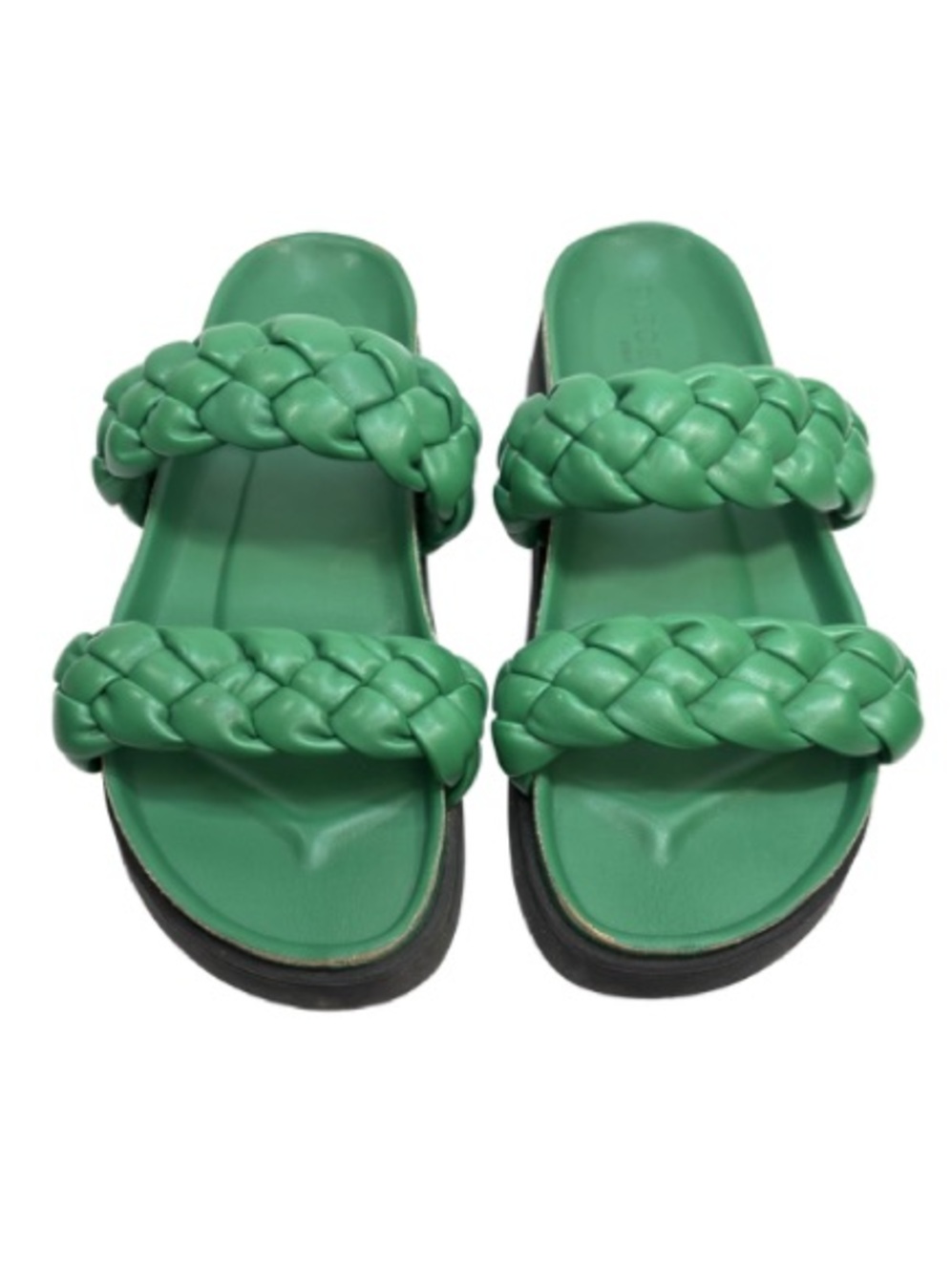 Green Leather Braided Double-Strap Slide Sandals